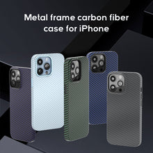 Load image into Gallery viewer, Metal camera frame carbon fiber skin friendly case for iPhone
